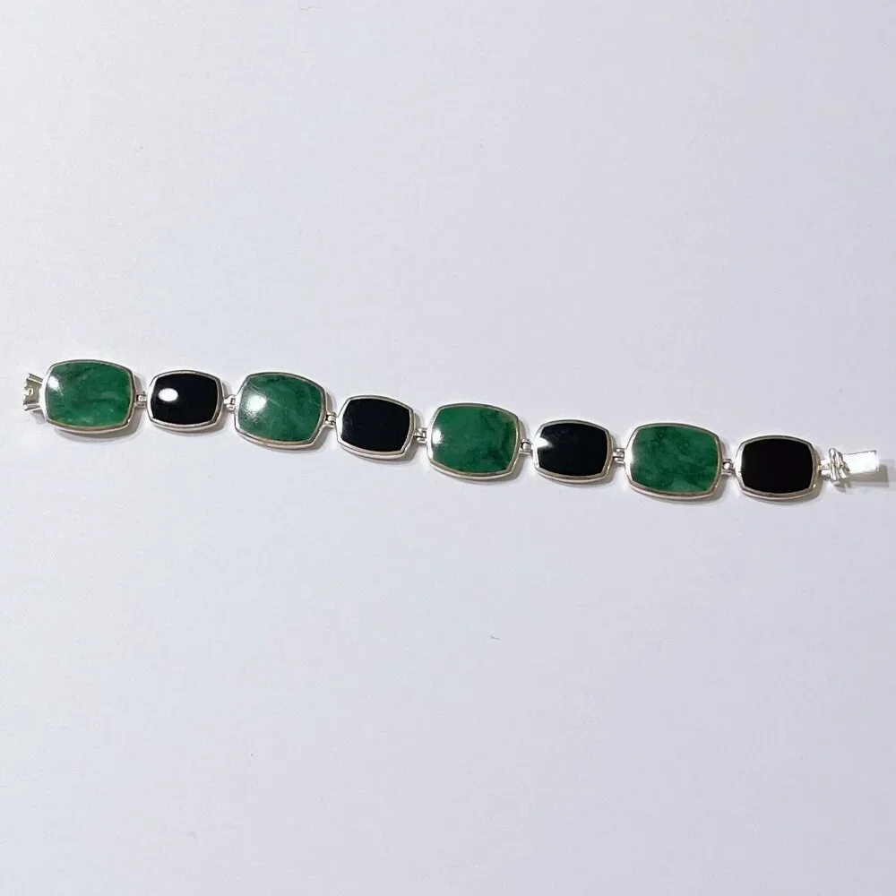 Sterling Silver Green & Black Stone Link Bracelet - Picture 9 of 9
